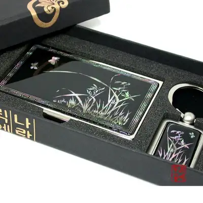 Inlaid Mother-of-Pearl Business Card Holder 2-Piece Set [Orchid]