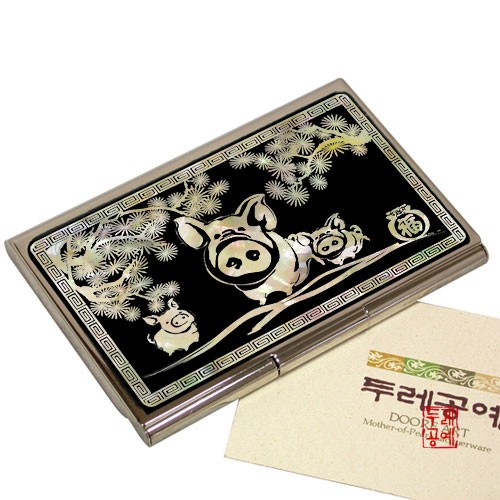 Pine Tree and Fortunate Pig Mother-of-Pearl Portable Business Card Case