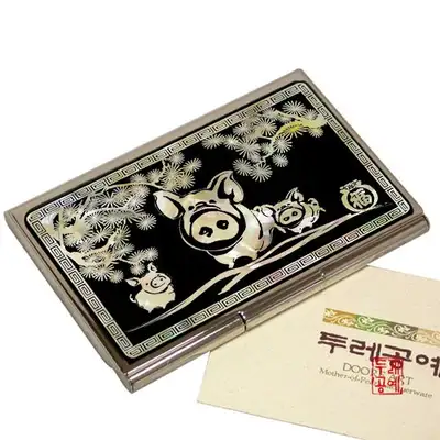 Pine Tree and Fortunate Pig Mother-of-Pearl Portable Business Card Case