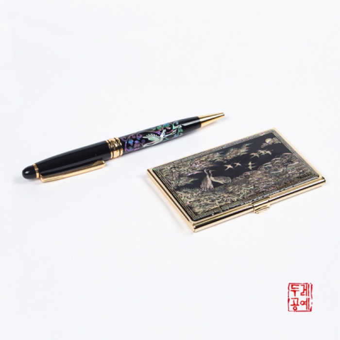 Mother-of-Pearl Crane Gold Business Card Holder Set