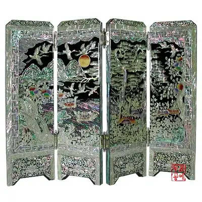 螺钿十长生四折屏风 [黑]