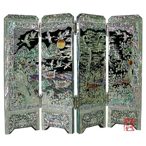 螺鈿十長生四幅屏風 [黑]