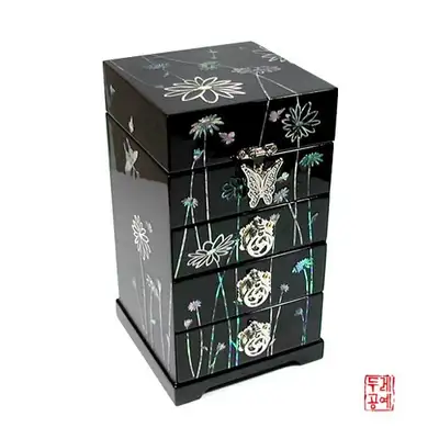 野生花4層抽屜珠寶盒[黑色]