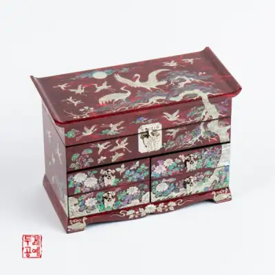 山水松鶴紋韓紙抽屜珠寶盒 [紅色]