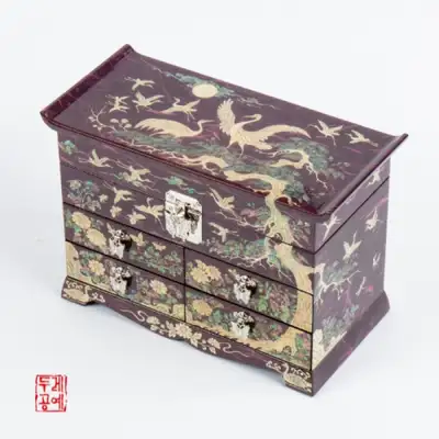 山水松鶴紋韓紙抽屜珠寶盒 [紫色]