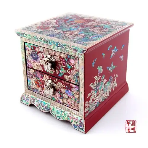 牡丹文抽屜珠寶盒(2層)-紅色