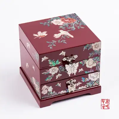 花鸟纹两层抽屉珠宝盒(红)