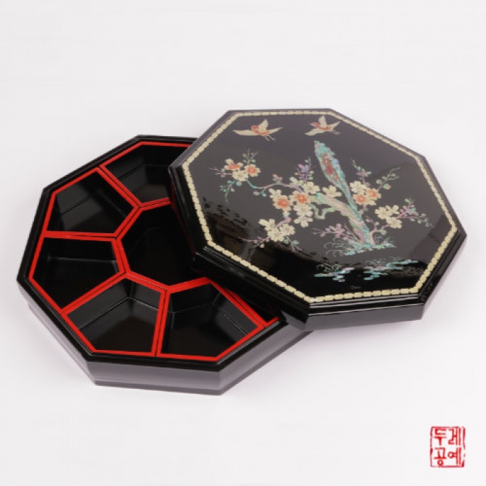 Plum Blossom and Bird Red Lacquer Nine-Compartment Box