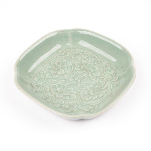 Celadon Square Appetizer Plate with Peony and Scrolling Vine Pattern