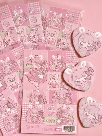 Seol Ki Illustration Pink Strawberry Girl Die-Cut Sticker