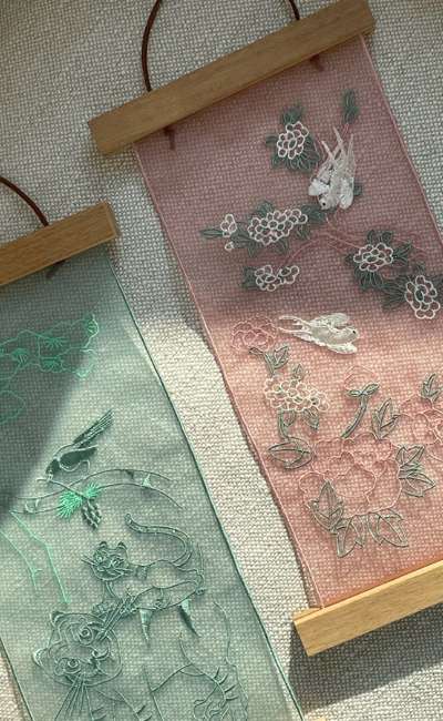 【イガムガク】鷲と鶴の図&花鳥図 麻地刺繍ポスター