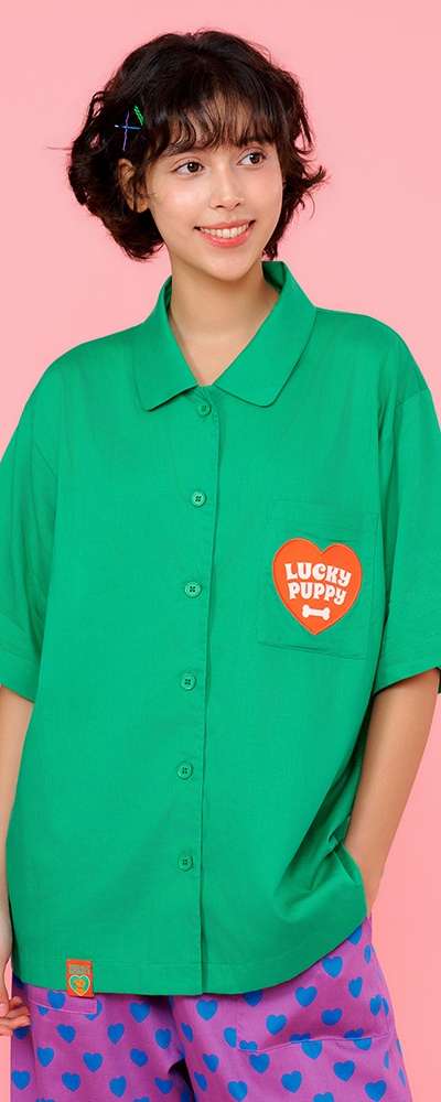 半袖パジャマセット - Lucky Puppy Green Heart