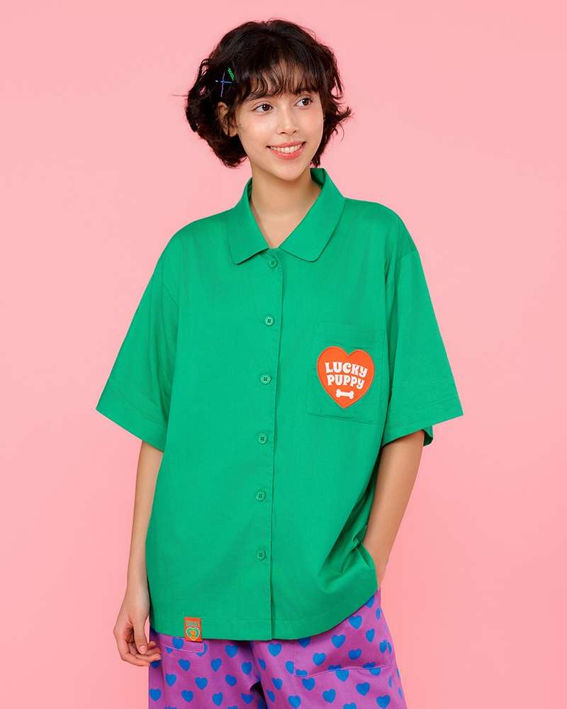 Short-Sleeve Pajama Set - Lucky Puppy Green Heart