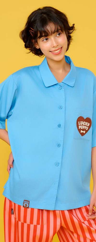 半袖パジャマセット - Lucky Puppy Blue Stripe