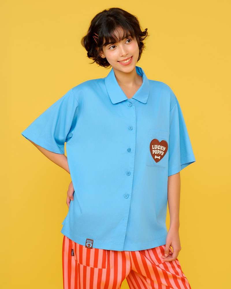 Short-sleeve Pajama Set - Lucky Puppy Blue Stripe