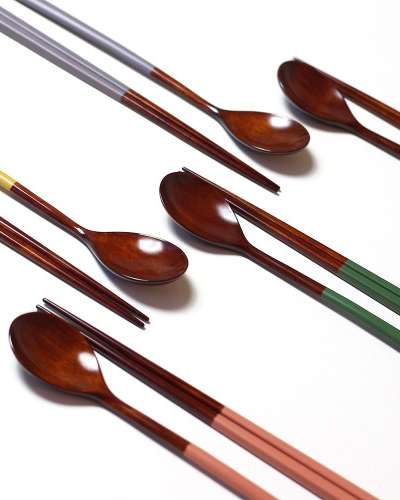 Chilmong Domestic Pure Premier Lacquered Wood Utensil Set (Spoon + Chopsticks) 24cm Single Serving