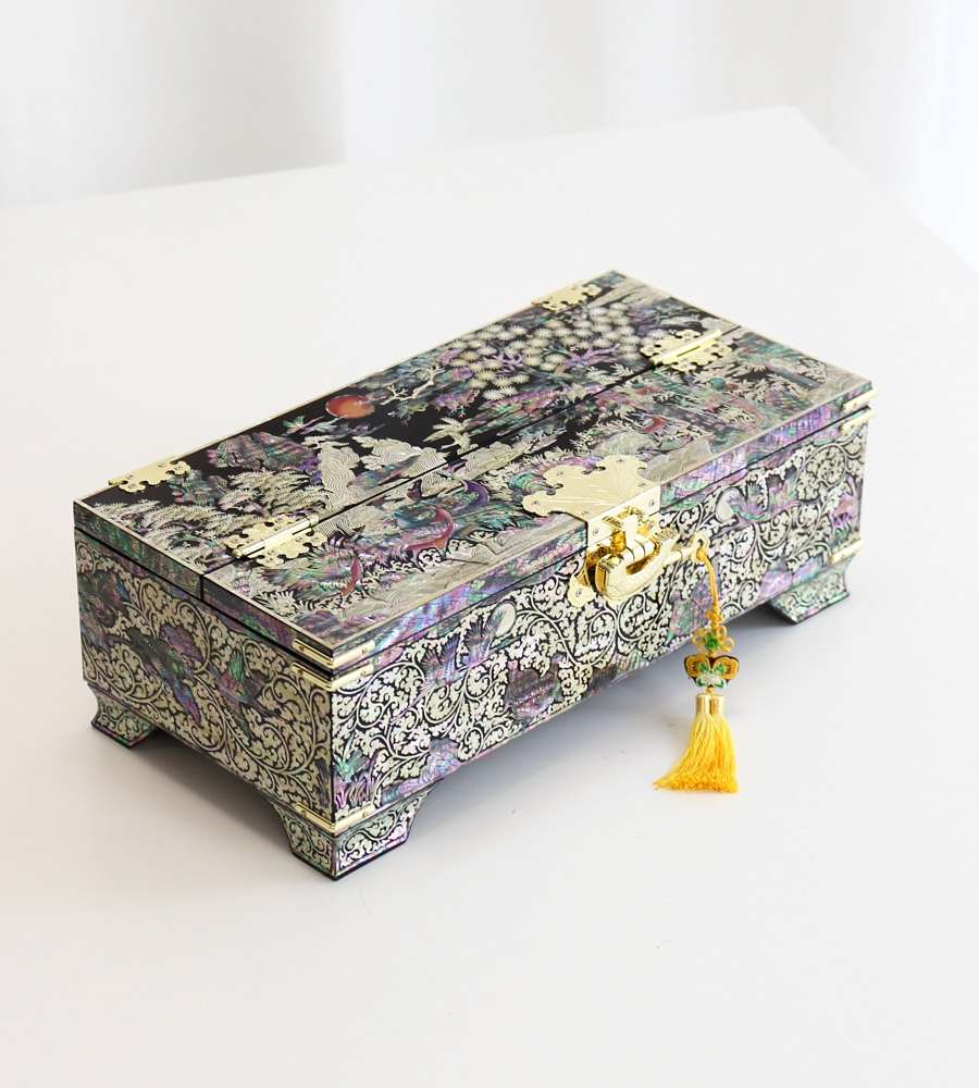 Najeon Chilgi Korea - Premium Mother-of-Pearl Lacquerware Jewelry Box with Ten Symbols of Longevity, Phoenix, and Crane Design (Work by Jang Tae-bok)