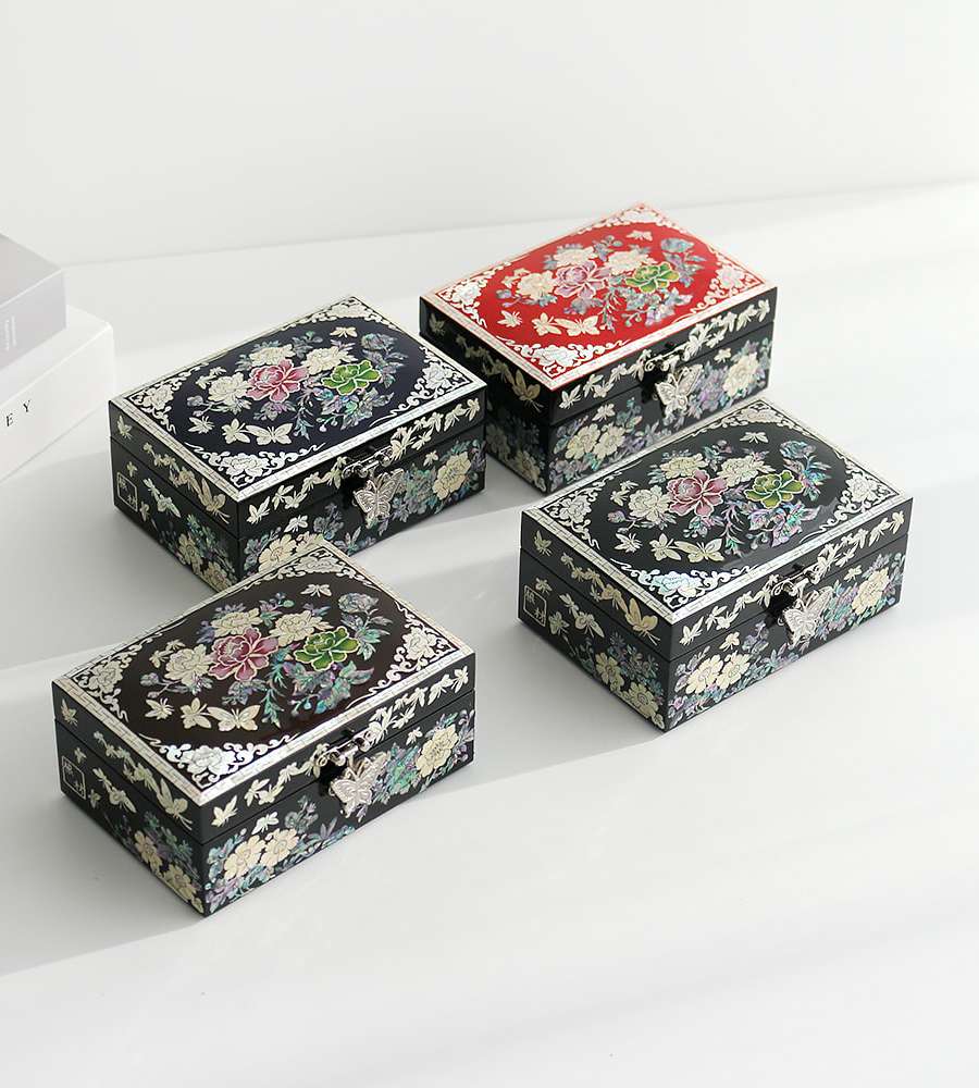 Najeon Chilgi Korea Traditional Inlay Lacquerware - Colored Peony Mother-of-Pearl Jewel Box 14cm (Rang Jae)