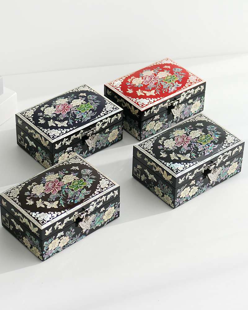 Najeon Chilgi Korea Traditional Inlay Lacquerware - Colored Peony Mother-of-Pearl Jewel Box 14cm (Rang Jae)