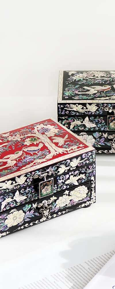 螺鈿漆器 コリア 韓国文化の美しさを込めた(ランジェ)螺鈿漆器 梅花蝶 1段引き出し 貝細工ジュエリーボックス 16cm