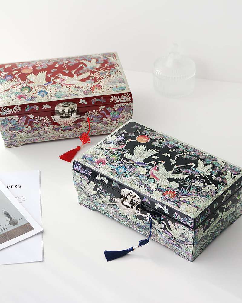 Najeon Chilgi Korea Traditional Korean Lacquerware Premium Large 2-Tier Flower and Crane Jewelry Box 30cm