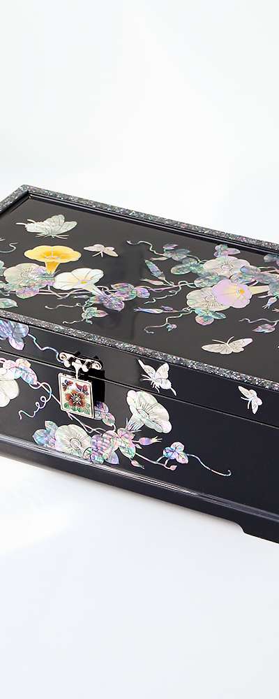 螺鈿漆器 コリア 韓国文化の美しさを込めた名品 螺鈿漆器 朝顔彩画 2段 貝細工ジュエリーボックス 30cm