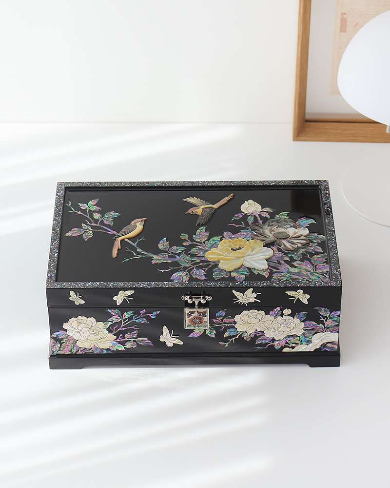 Nacre Korea Mother-of-Pearl Lacquerware Two-Tier Jewelry Box with Peony Design, Black, 30cm