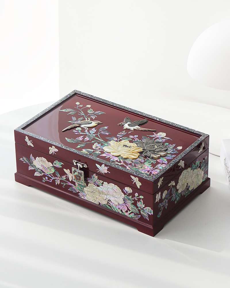 Najeon Chilgi Korea Traditional Korean Lacquerware One-Pair Two-Tier Peony Mother-of-Pearl Jewelry Box Red 30cm