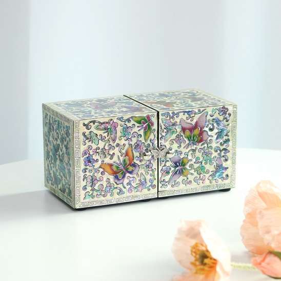 Lacquer Ware Korea Beautiful Colored Butterfly Mini Twin-Lid Mother-of-Pearl Jewelry Box
