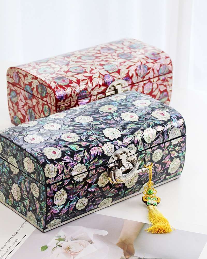 Mother-of-Pearl Lacquerware Korea Traditional Gift Rotating Peony Abalone Jewelry Box 24cm (Artisan Jang Tae-bok)