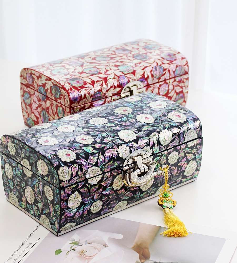 Mother-of-Pearl Lacquerware Korea Traditional Gift Rotating Peony Abalone Jewelry Box 24cm (Artisan Jang Tae-bok)