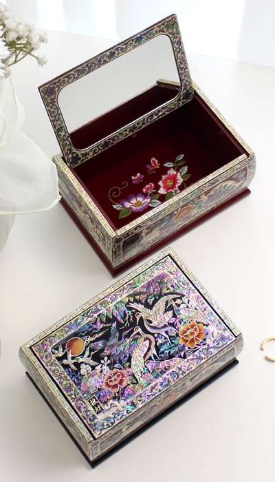 螺鈿漆器コリア 華麗な韓国伝統技法 花 多用途貝殻箱(キム・ヨンマン作品)