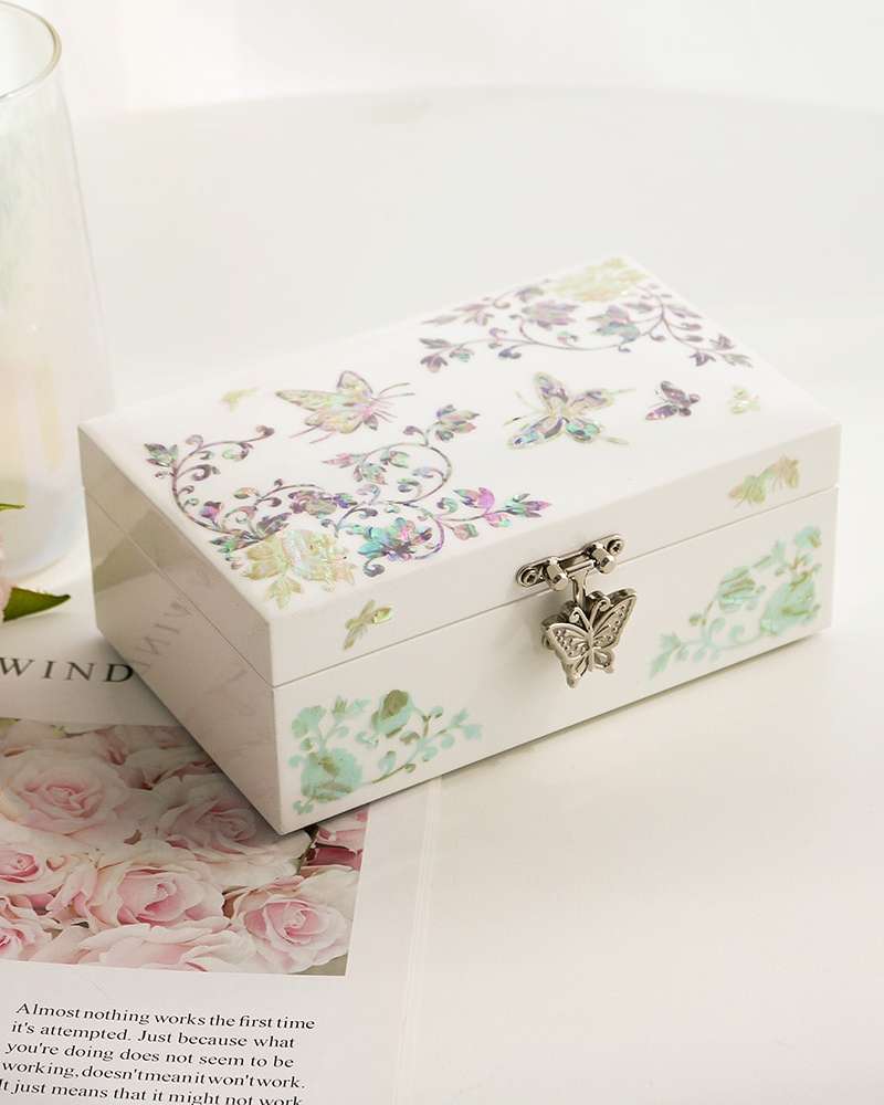 Nacre Lacquerware Korea White Butterfly Peony Mother-of-Pearl Jewelry Box 16cm