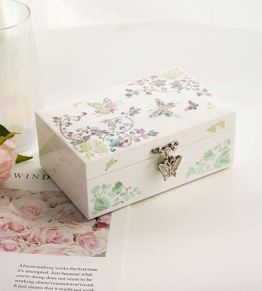 Nacre Lacquerware Korea White Butterfly Peony Mother-of-Pearl Jewelry Box 16cm