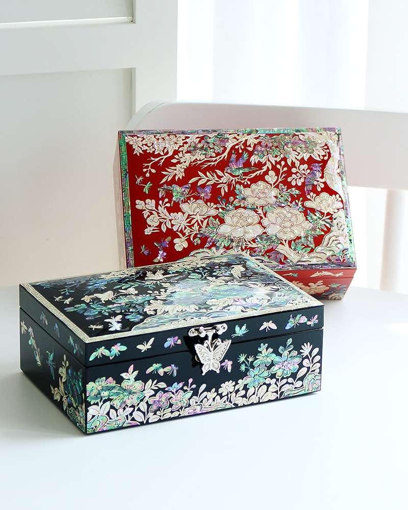 Nacre Lacquerware Korea Mother-of-Pearl Plum Garden Single-Tier Jewelry Box 18cm