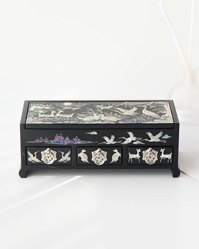 Nacre-Inlaid Lacquerware Korea - Three-Drawer Mother-of-Pearl Jewelry Box with Ten Symbols of Longevity Design 23cm