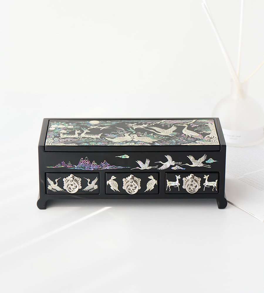 Nacre-Inlaid Lacquerware Korea - Three-Drawer Mother-of-Pearl Jewelry Box with Ten Symbols of Longevity Design 23cm
