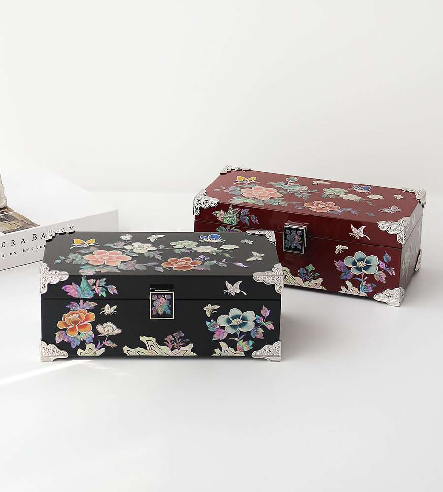 Nacre Lacquerware Korea - Traditional Mother-of-Pearl Inlaid Lacquer Jewelry Box with Colored Peony and Butterfly Design 24cm
