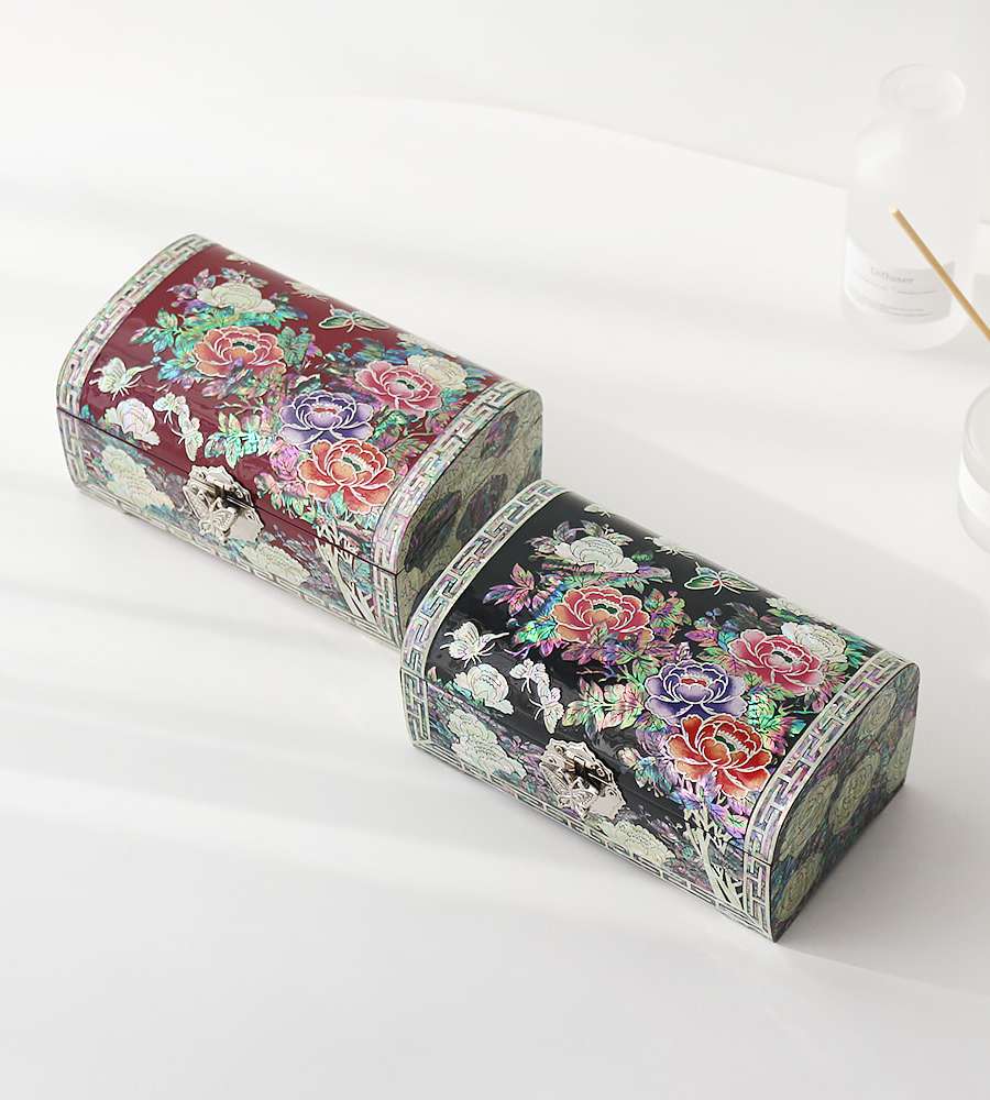 Nacre Lacquerware Korea Peony Garden Rolling Mother-of-Pearl Jewelry Box 18cm