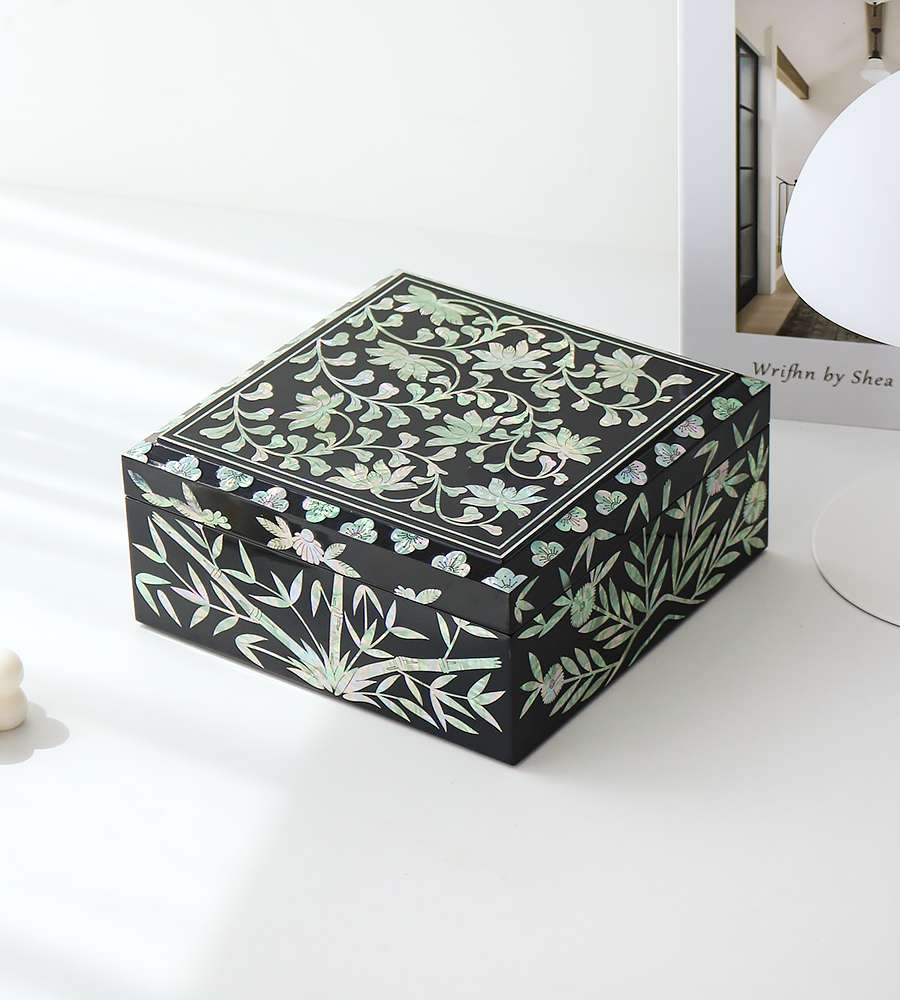 Mother-of-Pearl Lacquerware Korea - Beautiful Korean Culture Peony and Scroll Pattern Square Inlaid Shell Box 20cm