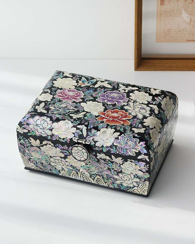 Nacre Inlay Lacquerware Korea Korean Culture Beauty Shell Inlay Lacquerware Luxurious Peony Rolling Jewelry Box 24cm