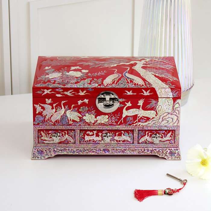 Mother-of-Pearl Lacquerware Korea Flower and Crane Drawer Jewelry Box Red 32cm
