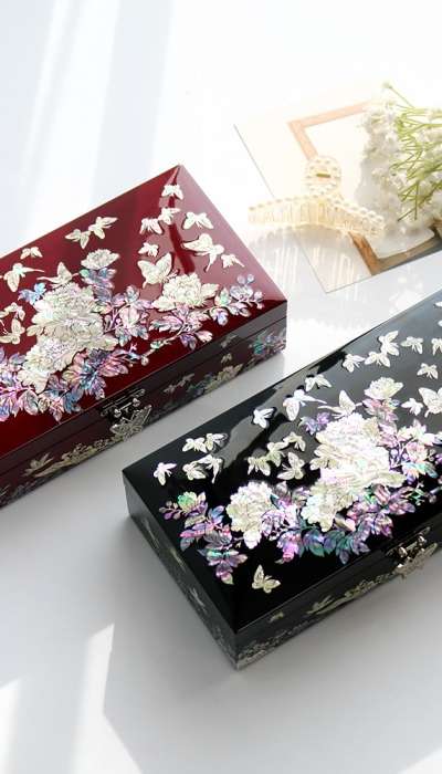 Nacre Lacquerware Korea Traditional Korean Mother-of-Pearl Box Peony Butterfly Single Tier Nacre Jewelry Box 23cm