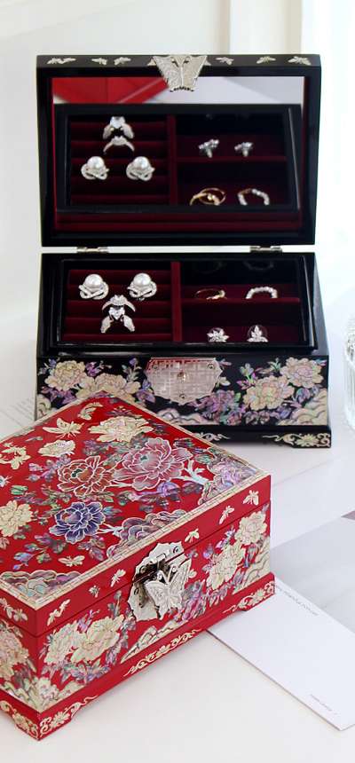 Nacre Inlay Lacquerware Korea Traditional Gift Colored Marking Peony Jewelry Box 18cm
