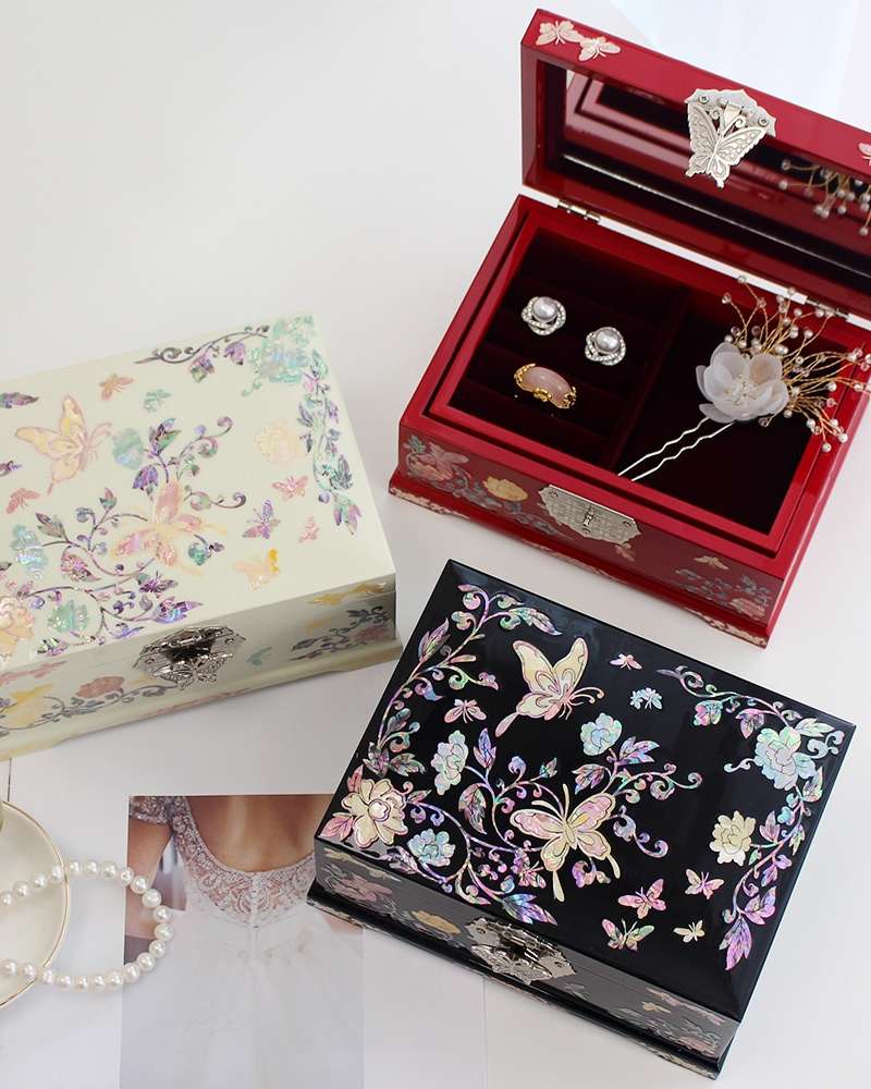 Najeon Chilgi Korea Ornate Korean Traditional Shell Jewelry Box Color Arabesque Butterfly Mother-of-Pearl Jewelry Box 18cm