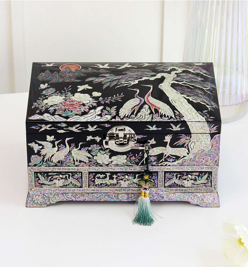 Nacre Lacquerware Korea - Flower and Crane Drawer Mother-of-Pearl Jewelry Box 32cm