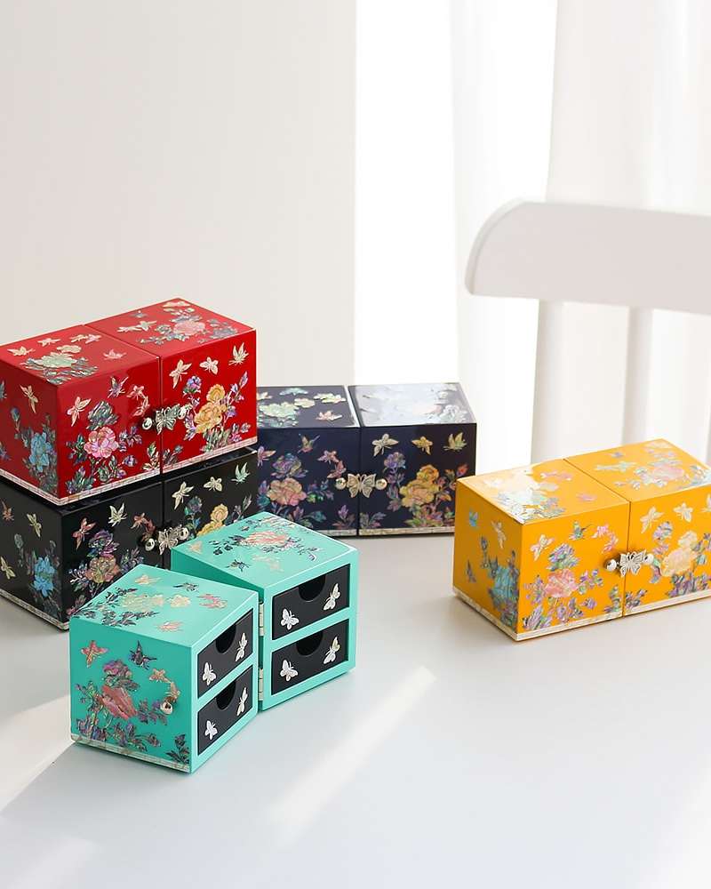 Inlaid Mother-of-Pearl Lacquerware Korea Korean Cultural Beauty Peony Flower Mini Twin Box Jewelry Box