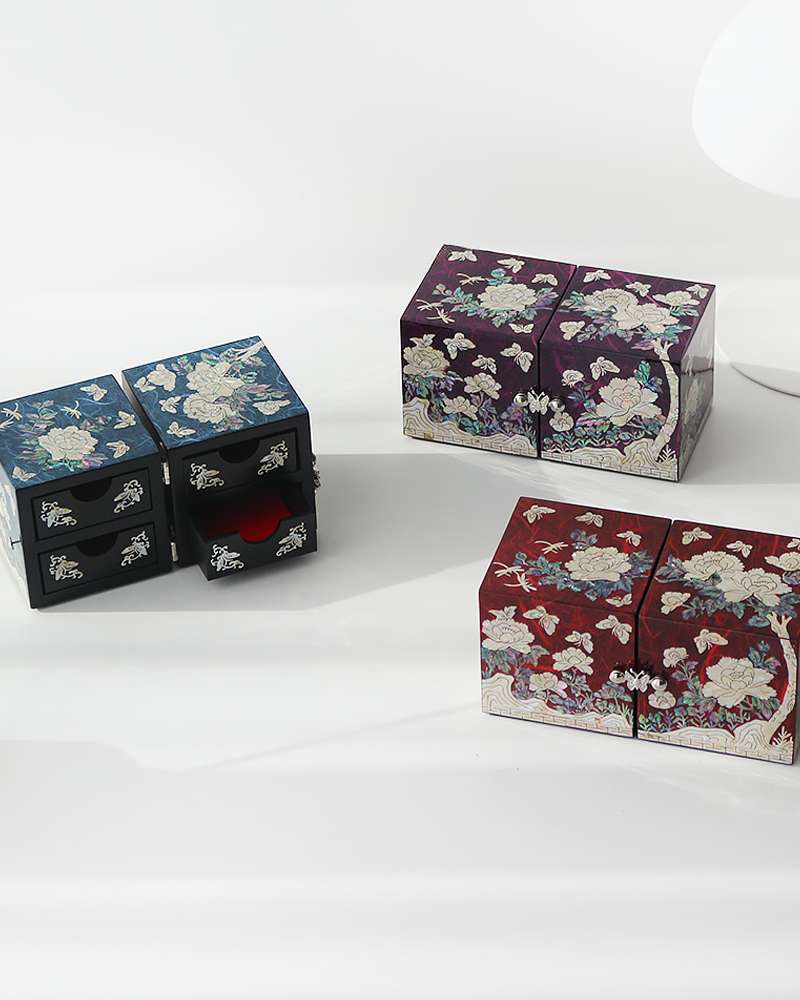 Nacre Lacquerware Korea - Hanji Double-Layer Abalone Jewelry Box (Medium) with Peony Pattern
