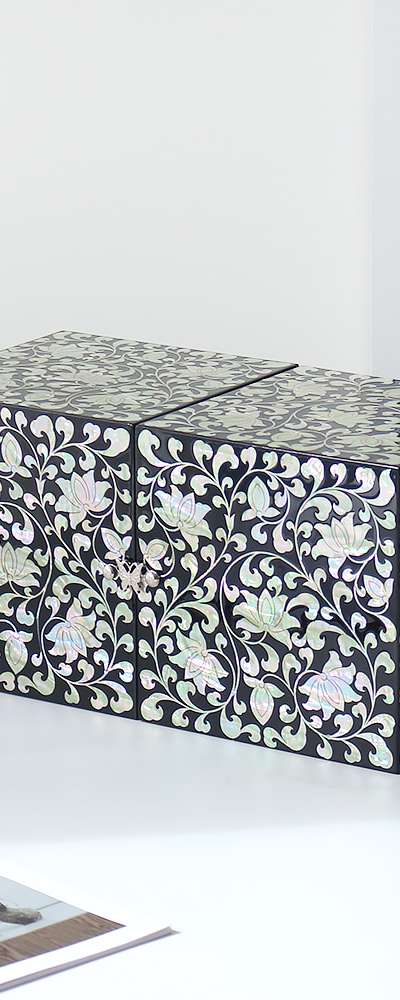 Najeon Chilgi Korea Mother-of-Pearl Lacquerware Peony Scrollwork Double-Lidded Jewel Box (Extra Large)