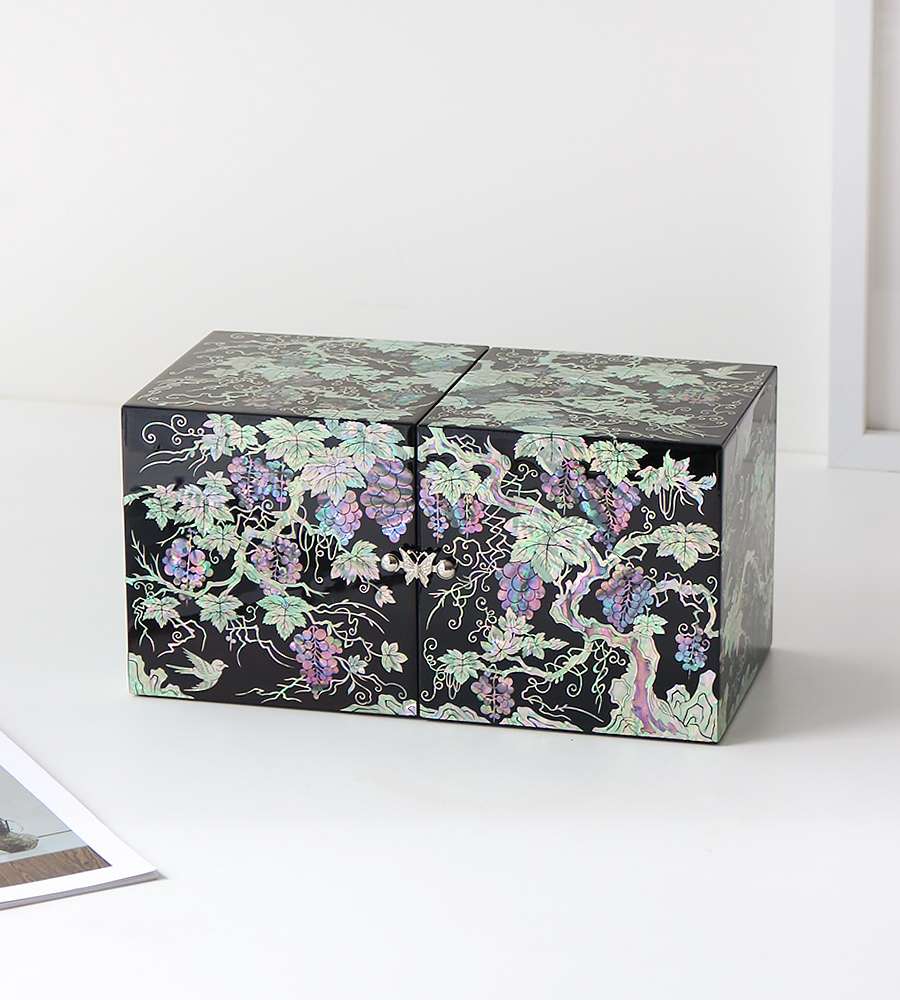 Lacquerware Inlaid with Mother-of-Pearl – Korean Cultural Beauty – Large Grape Pattern Dual-Compartment Shell Jewelry Box